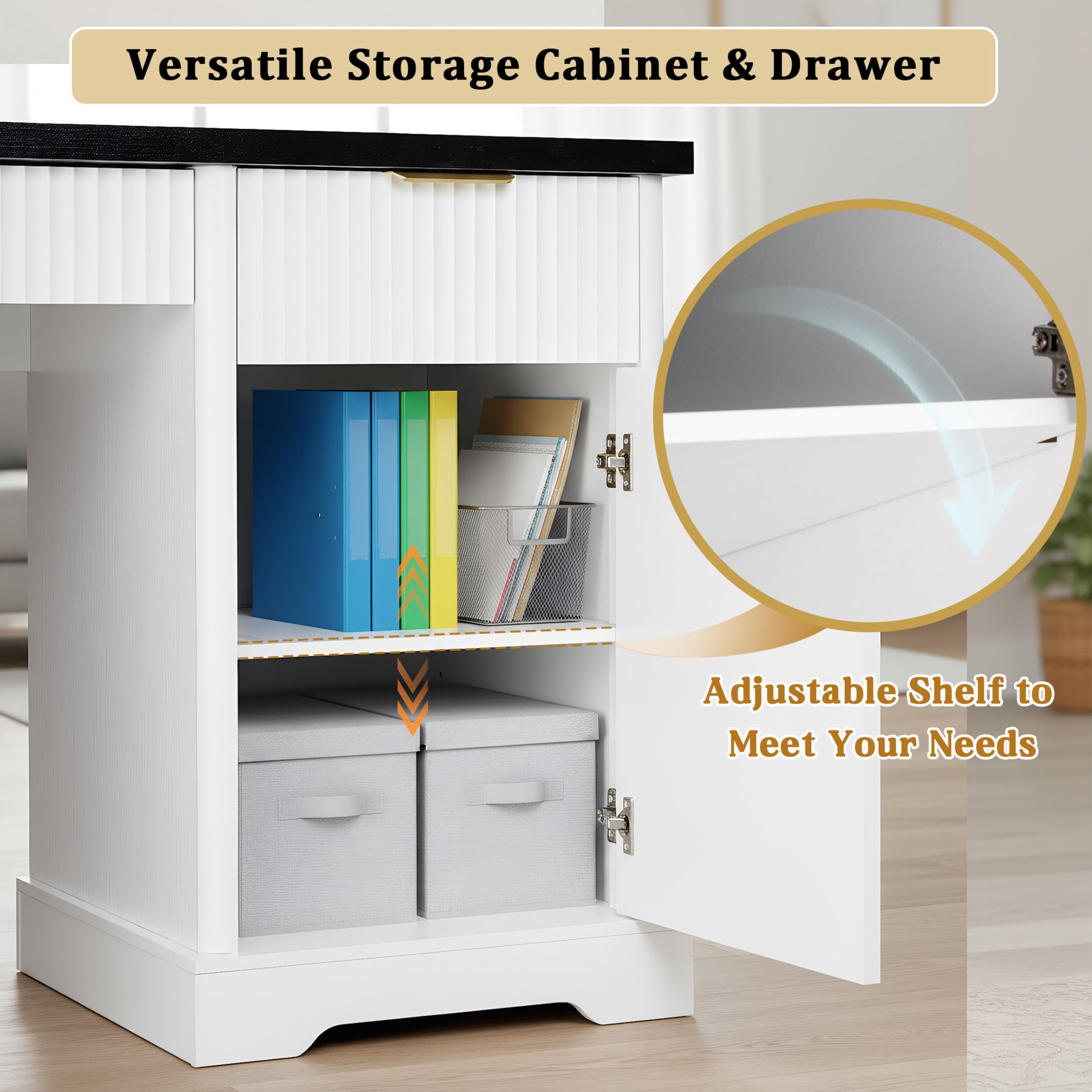 Noble House 55" Fluted Office Desk with Storage Cabinet, Keyboard Tray, Pegboard and Power Outlet, White