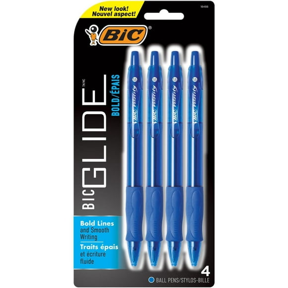 Stylo-bille rétractable ÉPAIS BIC GLIDETM/MC, Pointe épaisse (1,6 mm), Bleu, Idéal pour une utilisation quotidienne, 4 unités