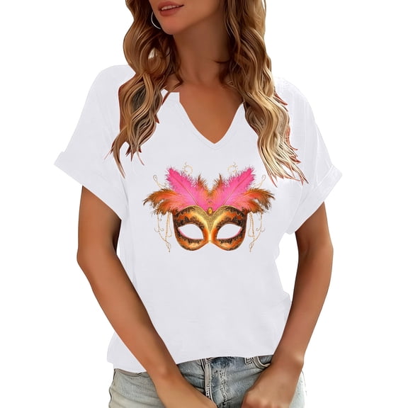 Ounisa Women Mardi Gras Sweatshirts Carnival Sweatshirt Funny Mask Graphic Short Sleeve Shirt Fat Tuesday Pullover Top