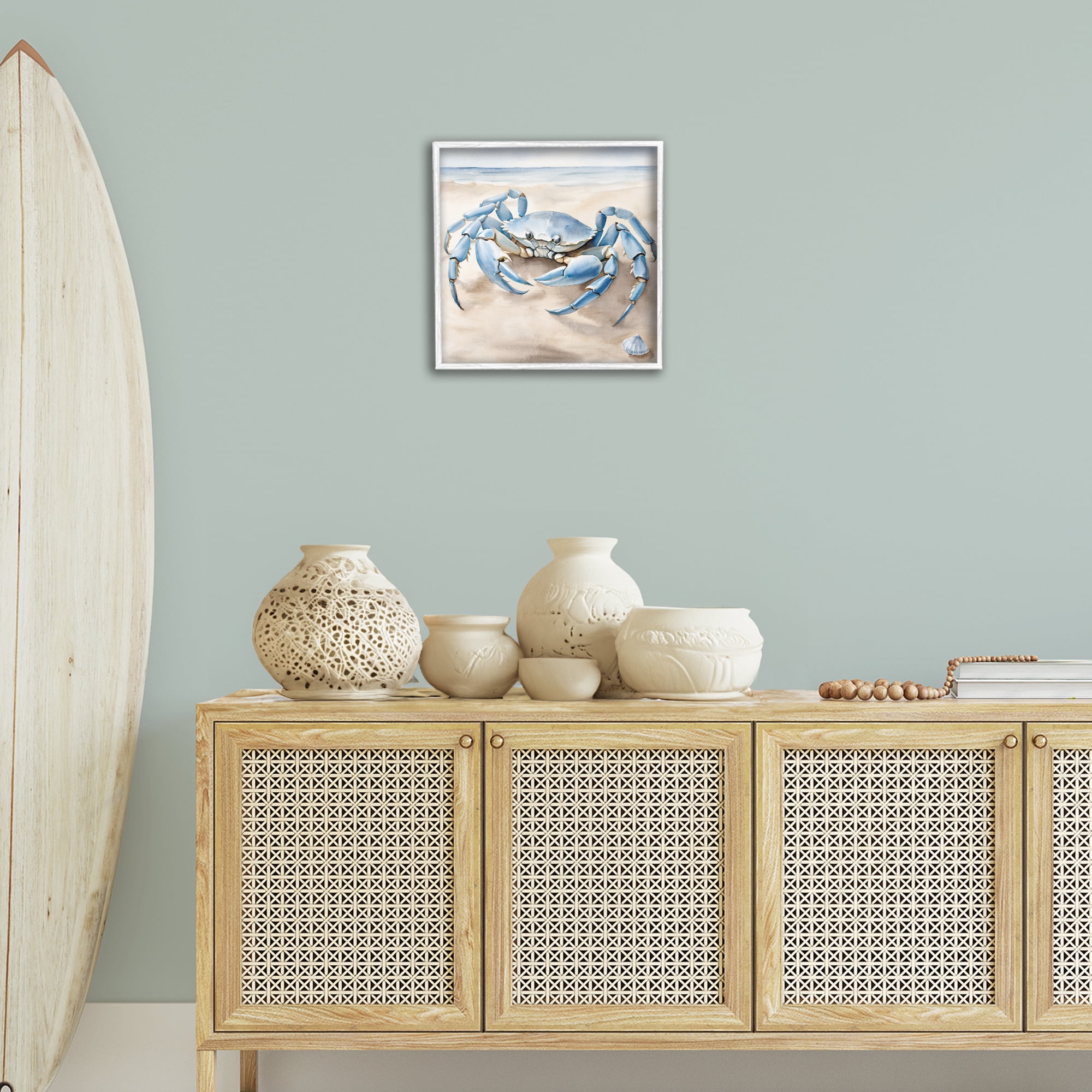 Stupell Industries Blue Crab on Beach Animals & Insects Painting White Framed Art Print Wall Art, 17 x 17