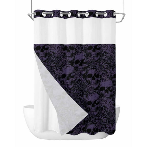 No Hook Cloth Fabric Shower Curtain with Snap in Liner, Halloween Waterproof Shower Curtains Set with See Through Top Window, Purple Skull Monochrome Watercolor Bath Curtains Shower 72"x96"
