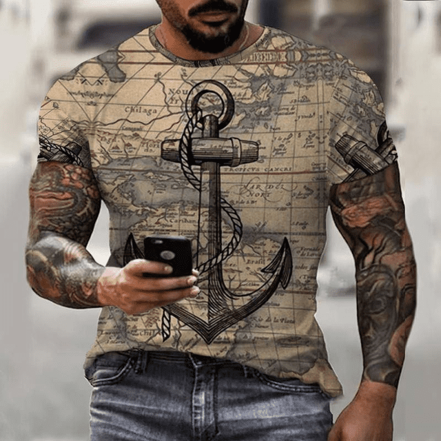 T-Shirts Graphiques Ancre Rétro Classique d'Été pour Hommes, Mode Décontractée Europe et Amérique, Impression 3D Col Rond Manches Courtes