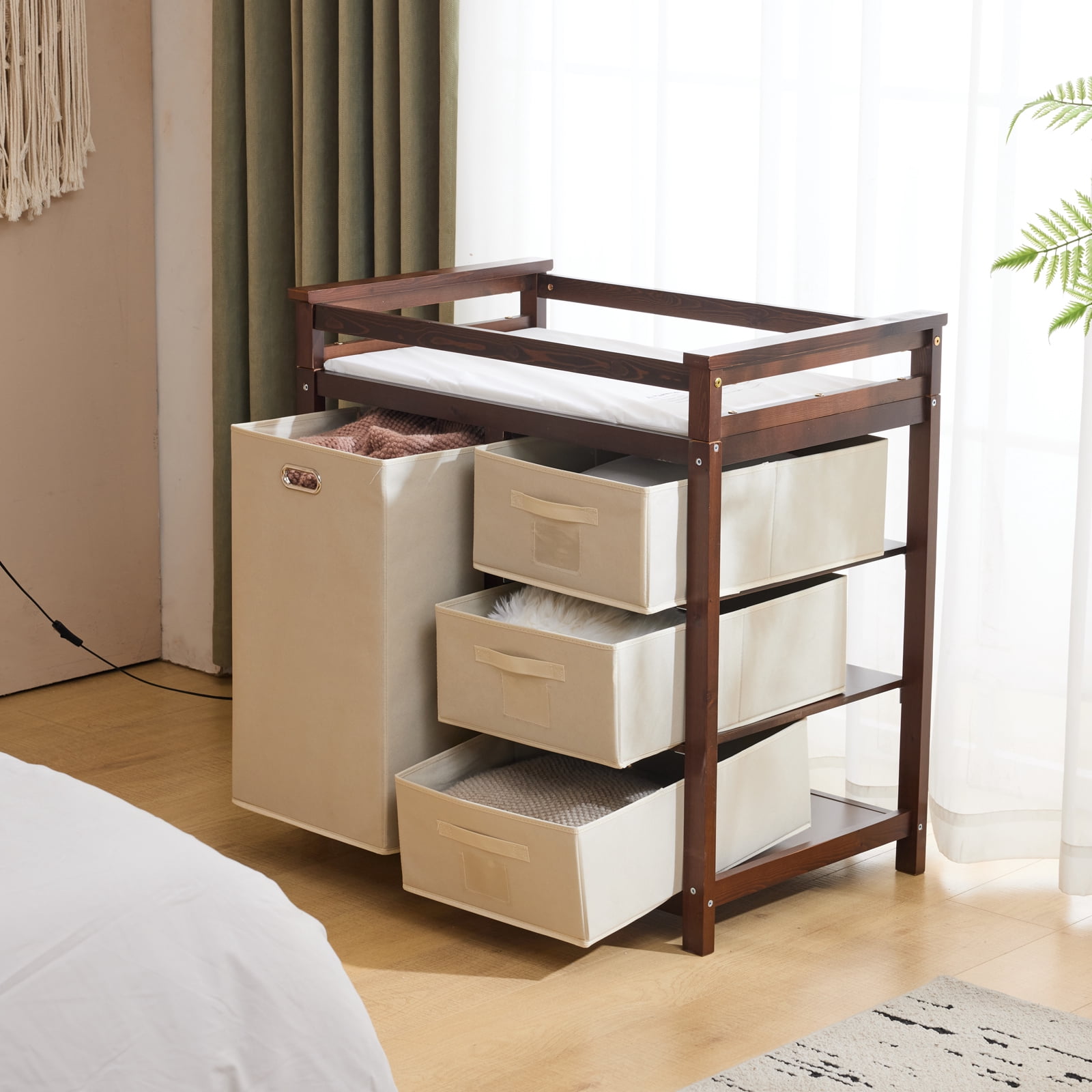 Zimtown Baby Changing Table,Dresser Baby Diaper Changing Station with Laundry Hamper,Infant Nursing Table with 3 Storage Drawers,Removable Safety Rail & Strap for Bedroom,Brown