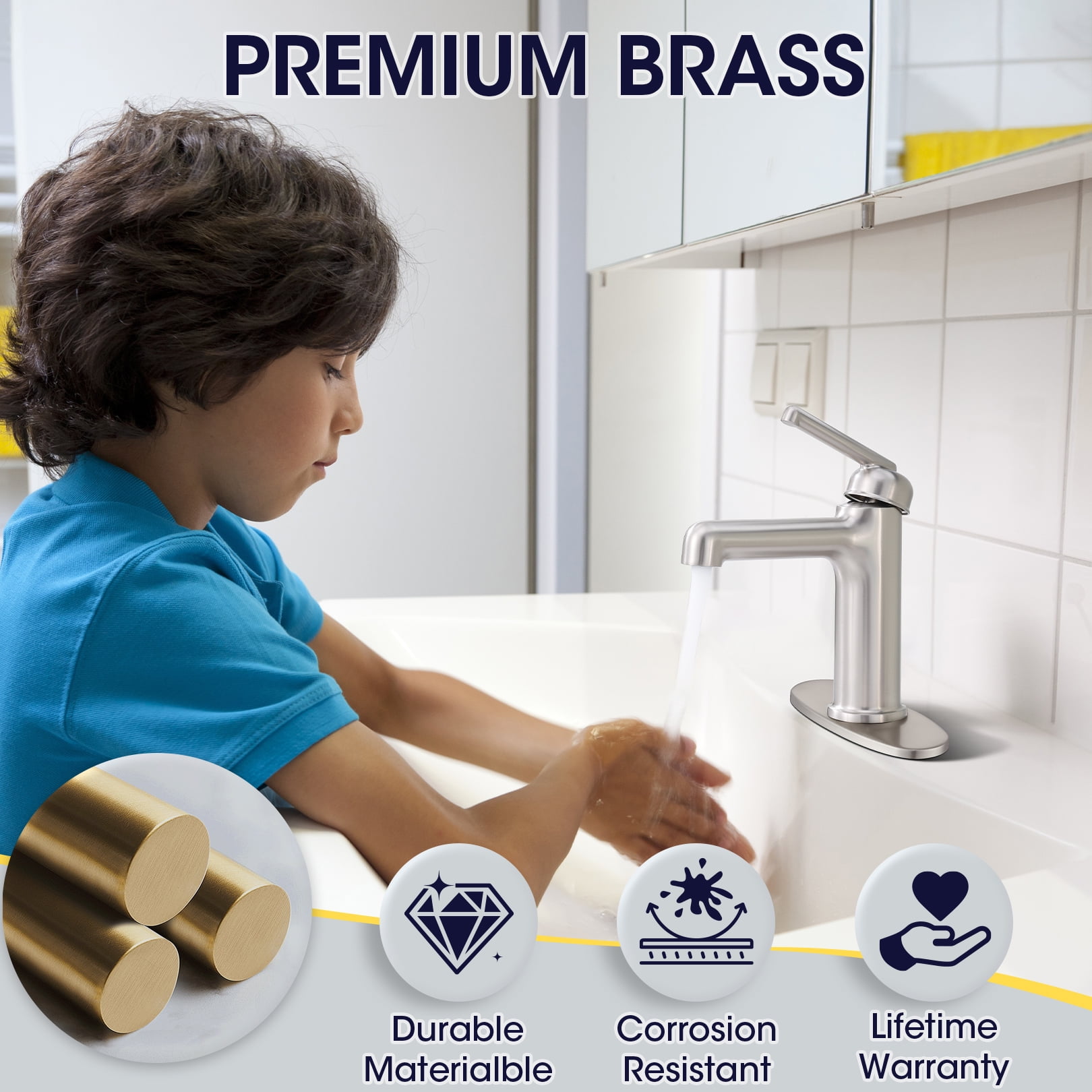 Wowkk Bathroom Sink Faucets Brass Single Handle Bathroom Faucets with Deck Plate 1 Hole or 3 Hole and Supply Hoses, Modern Straight Spout Vanity Faucet for RV Restroom Hotel, Brushed Nickel