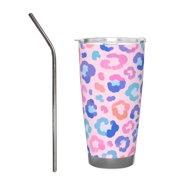 20oz Pastel Watercolor Leopard Print Insulated Car Tumbler with Handle and Straw Travel Coffee Cup Gift for Women with Stainless Steel Straw