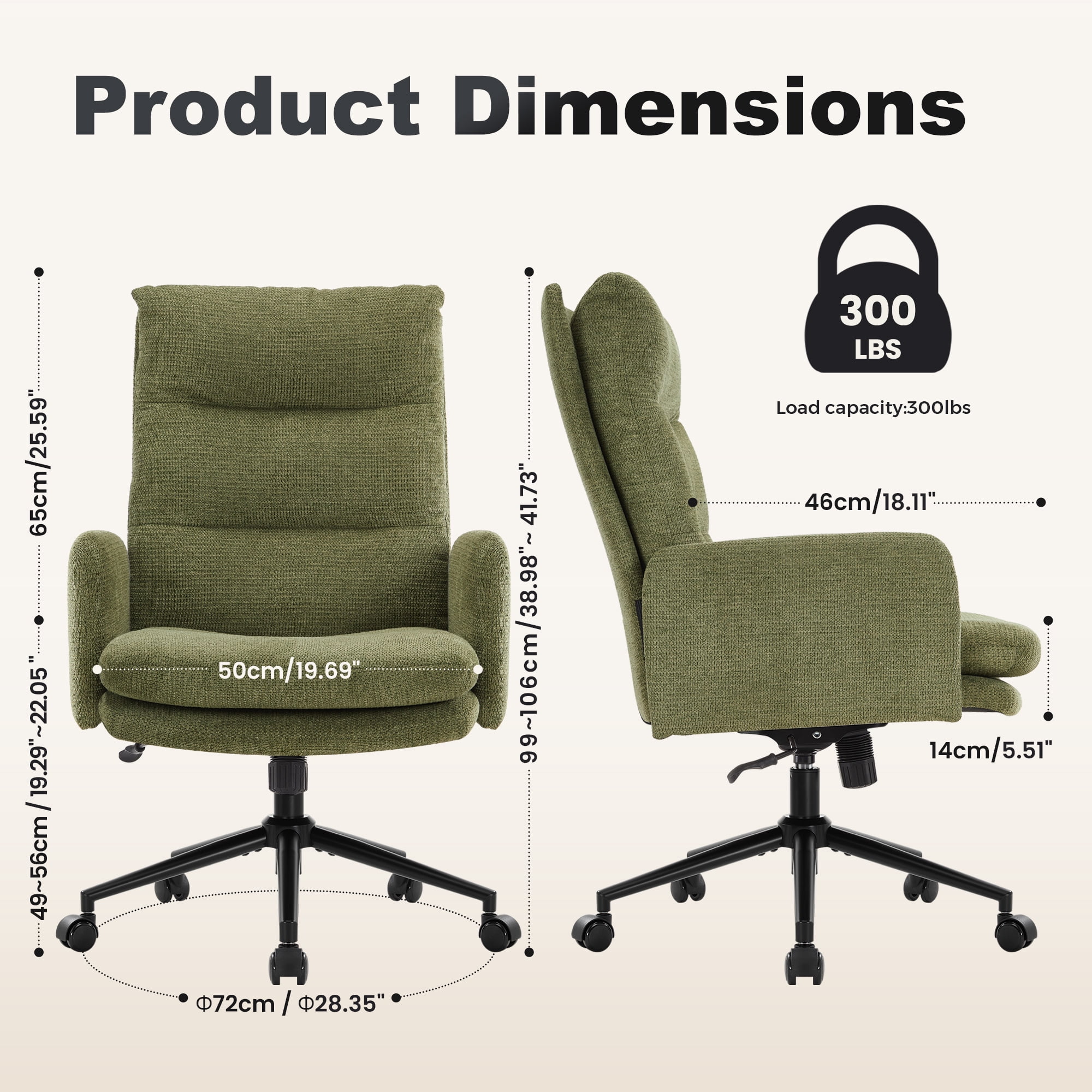 Upholstered Desk Chair with Wheels, High-Back Office Chair, Adjustable Height & Swivel, Ergonomic Computer Chair for Home Office, Bedroom