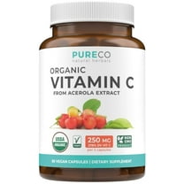 Pure Co Certified Organic Vitamin C Supplement - Acerola Vitamin C Immune Support Supplement for Daily & Seasonal Wellness with Naturally Occurring Bioflavonoids - 60 capsules