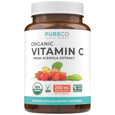 Pure Co Certified Organic Vitamin C Supplement - Acerola Vitamin C Immune Support Supplement for Daily & Seasonal Wellness with Naturally Occurring Bioflavonoids - 60 capsules