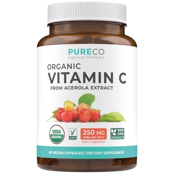 Pure Co Certified Organic Vitamin C Supplement - Acerola Vitamin C Immune Support Supplement for Daily & Seasonal Wellness with Naturally Occurring Bioflavonoids - 60 capsules