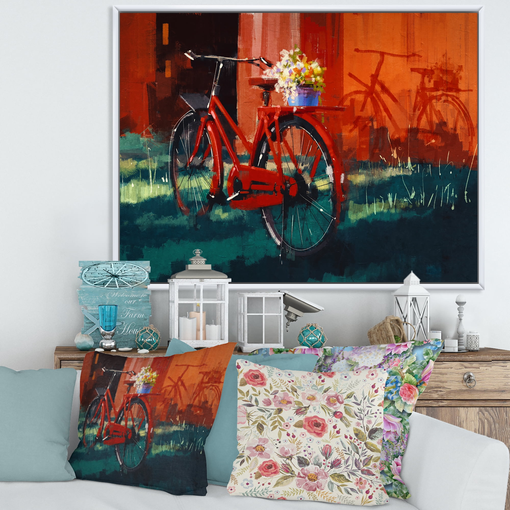 Red VIntage Bicycle With Flowers Bucket 32 in x 16 in Framed Painting Canvas Art Print, by Designart