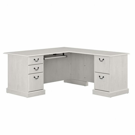 Pemberly Row L Shaped Computer Desk with Drawers in Linen White