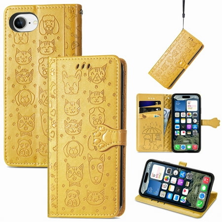 Decase Cute Wallet Case for iPhone 16e,Cartoon Cat Dog Style Flip Phone Shell with Credit Cards Slot & Stand Shockproof Magnetic Closure Protective Cover Case for iPhone 16e,Yellow