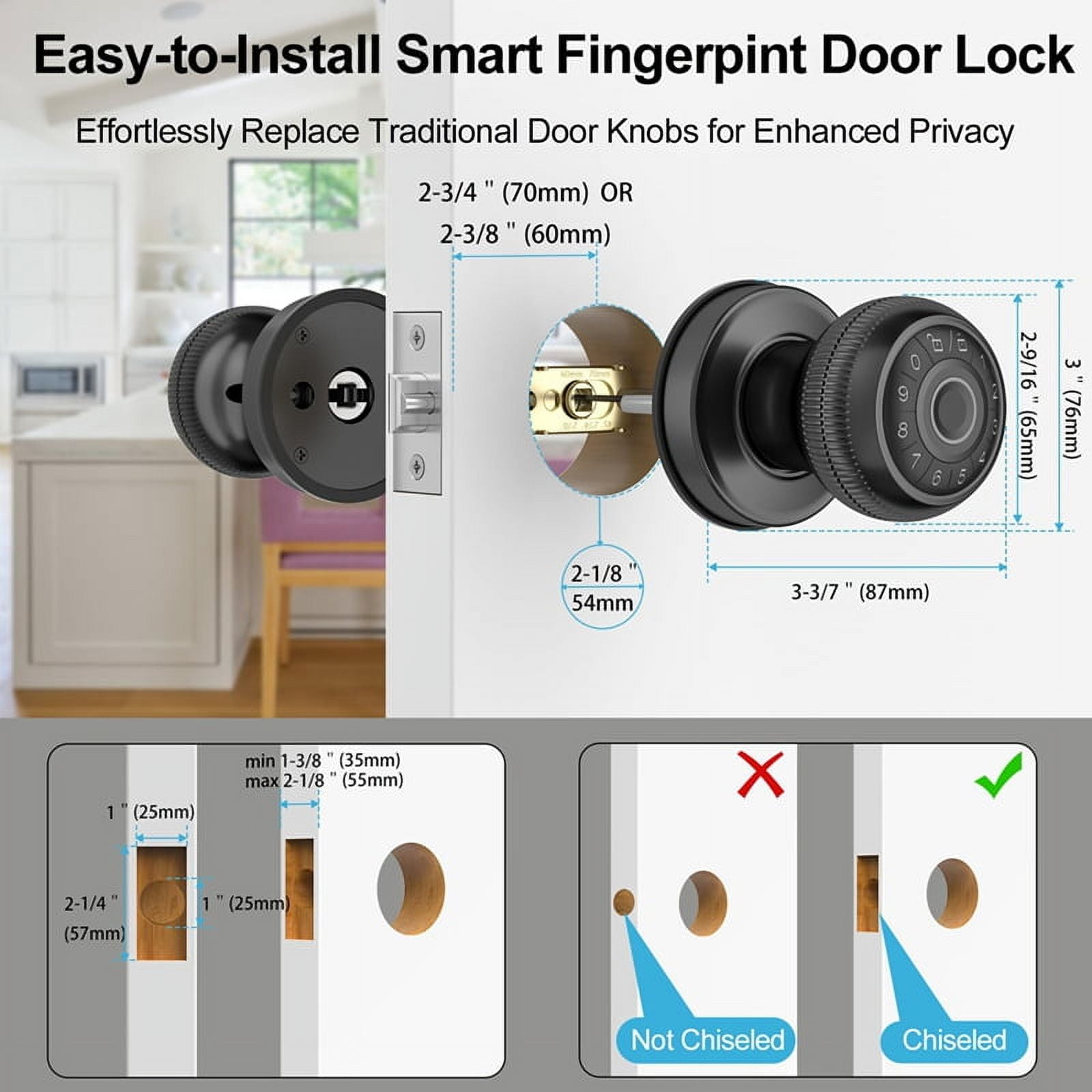 4-in-1 Smart Door Knob, Fingerprint Door with App Control, Smart Fingerprint Door Lock with Keypad, for Home,Office