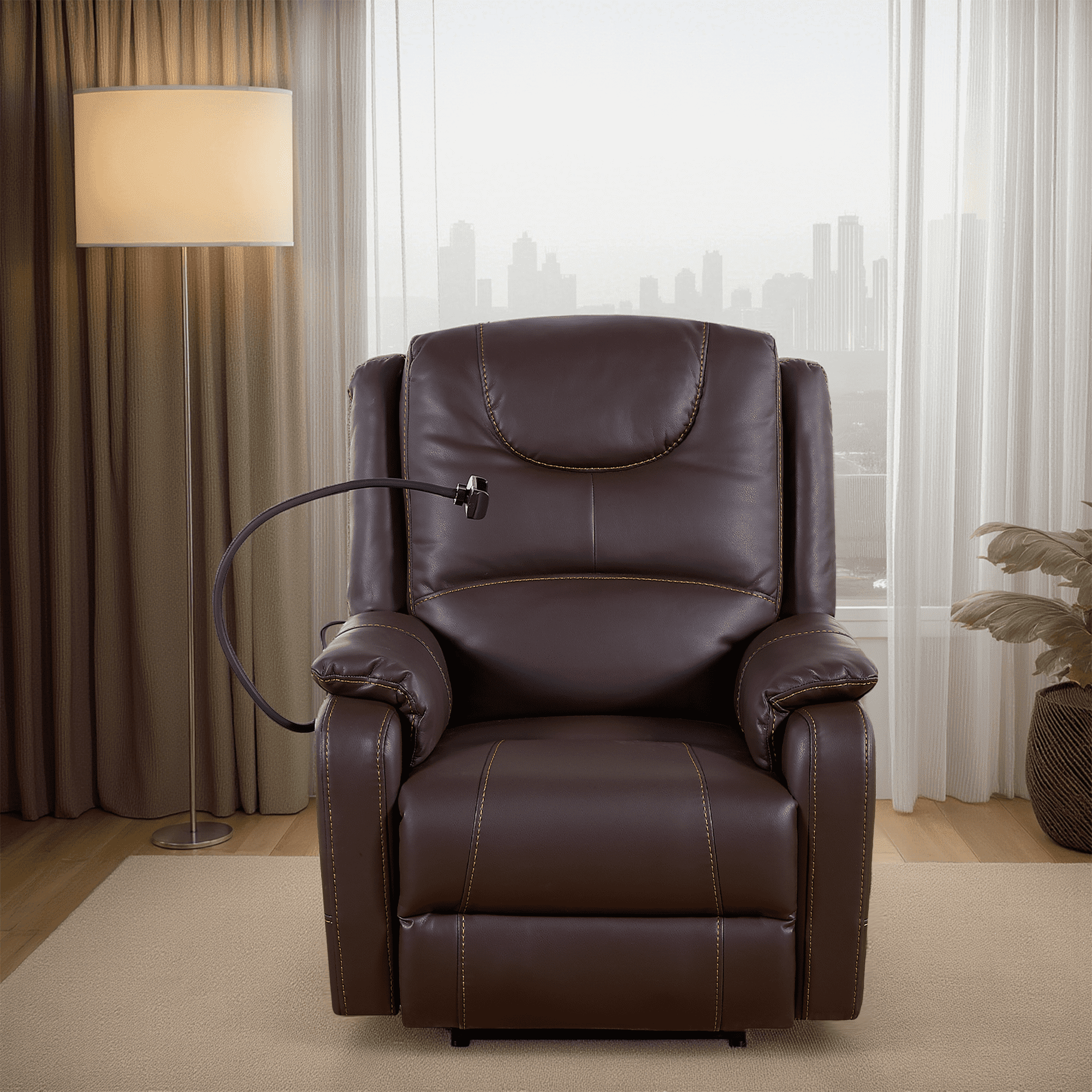 MAYEERTY Push-Button Power Recliner with Deep Body Cushions, Brown Faux Leather Upholstery