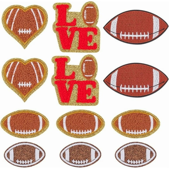 12Pcs Sequin Football Patches 5 Style Embroidered Football Rugby White Stitches Brown Fabric Patch Delicate Applique for DIY Garments Backpack Jean Jacket T-Shirt Shoe Accessory