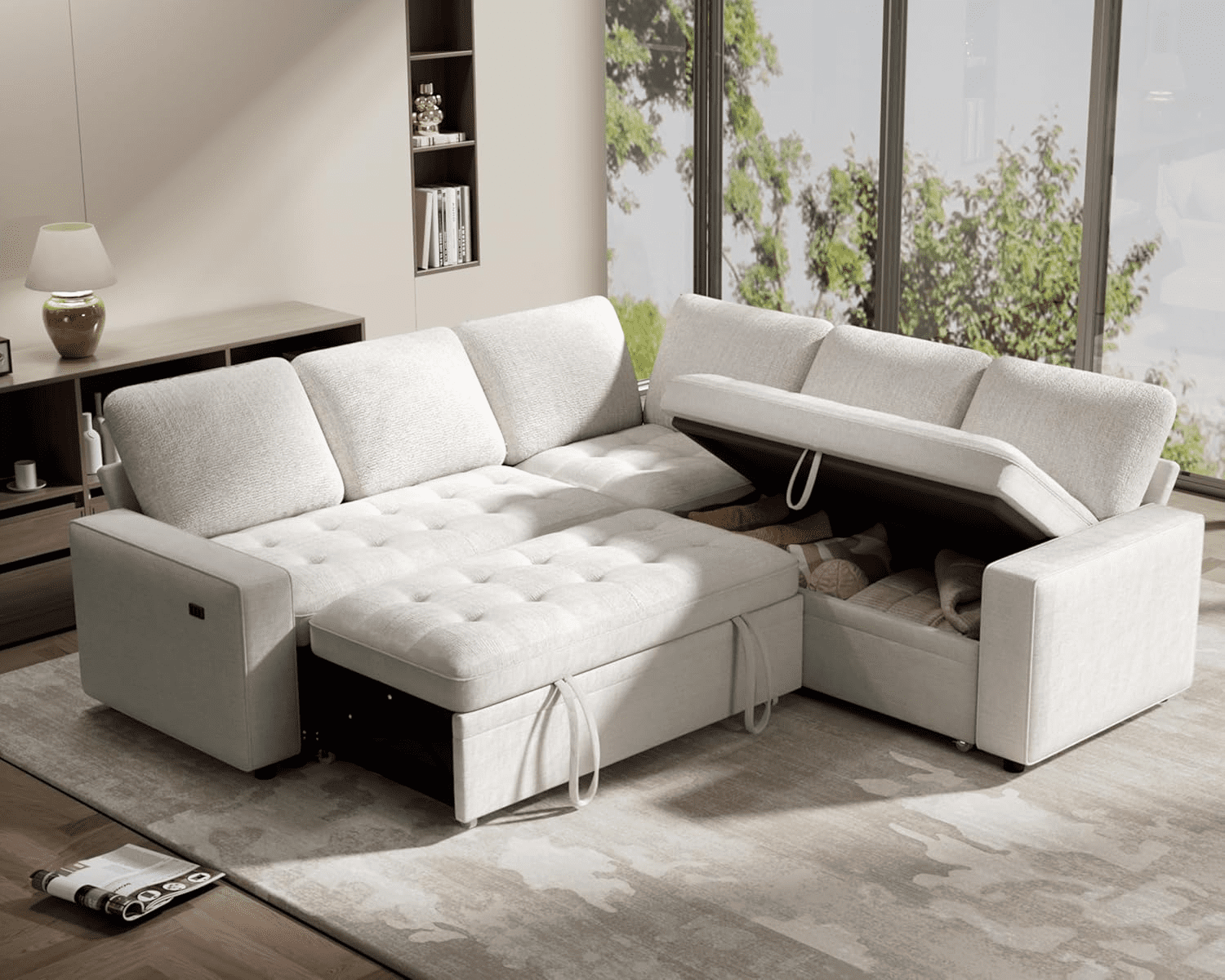 Modular Sectional Sleeper Sofa with Pull-Out Bed, L-Shaped Chenille Couch, USB Ports, Adjustable Backrest & Storage Seats, Tool-Free Assembly – Comfortable & Stylish Living Room Furniture