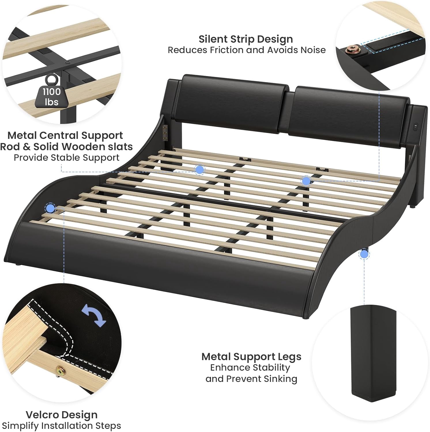 Led Bed Frame King Size Platform Bed Frame with LED Lights&USB Ports&Headboard,Low Profile Wave Like Curve King Bed, No Box Spring Needed, Black