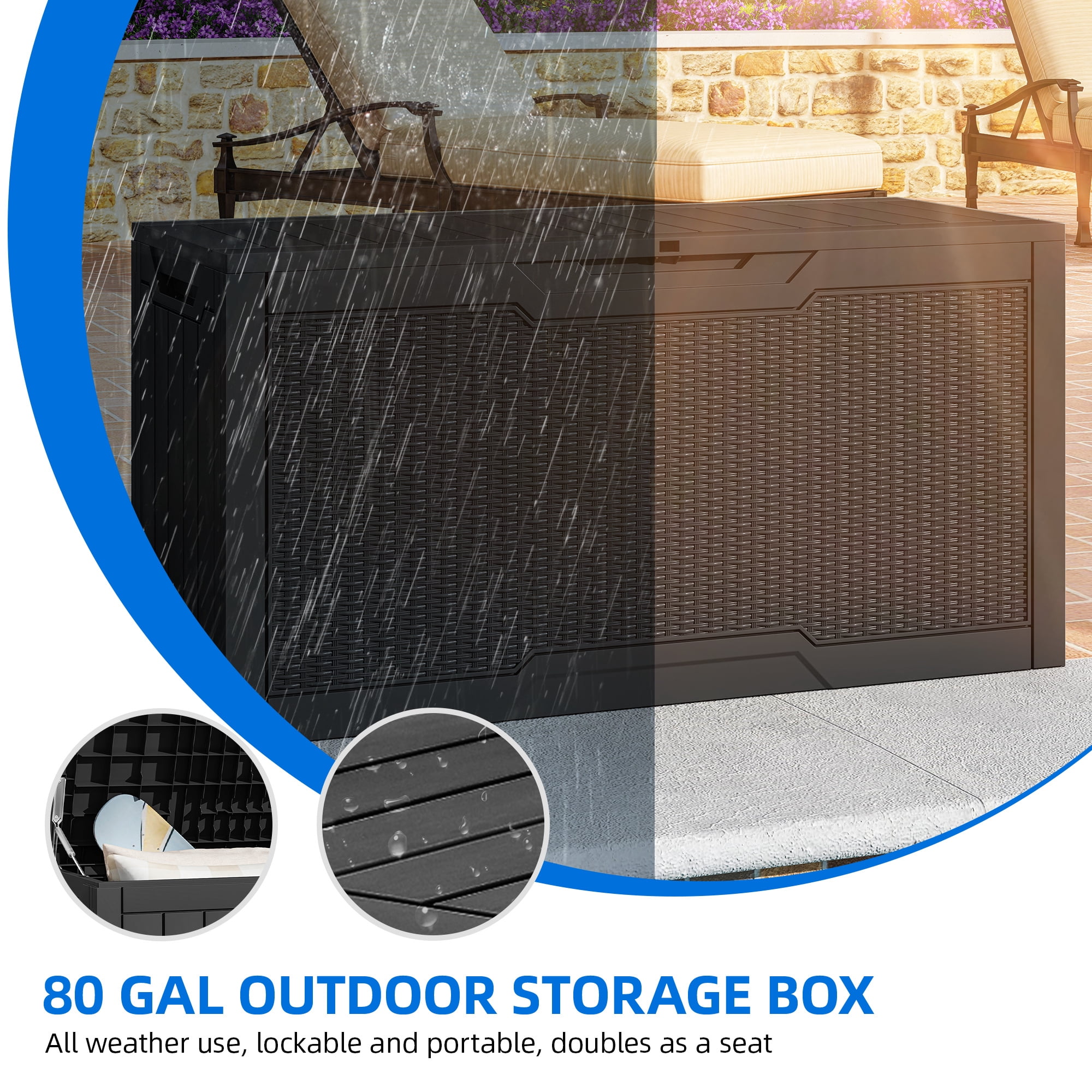 Dextrus 80 Gallon Weatherproof Rattan Resin Deck Box, Heavy-Duty Lockable Outdoor Storage Container, Multipurpose Patio Organizer for Garden Tools, Pool Supplies and Home Essentials, Black