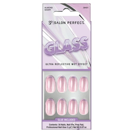 Salon Perfect Artificial Fake Press On Nails, 382 Glass Violet, Short Almond, File, Glue, and Prep Pad Included, 30 Nails