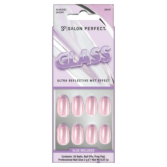 Salon Perfect Artificial Fake Press On Nails, 382 Glass Violet, Short Almond, File, Glue, and Prep Pad Included, 30 Nails