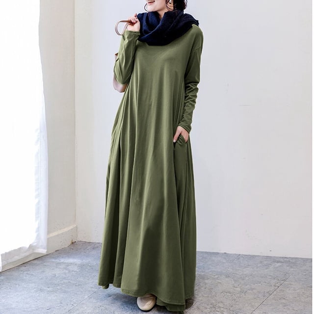 LSLJS Robe Décontractée pour Femme Grande Taille, Couleur Unie, Manches Longues, Hiver Automne, Basique, Maxi Longue Décontractée, Robe Quotidienne de Vacances, Robe Grande Taille