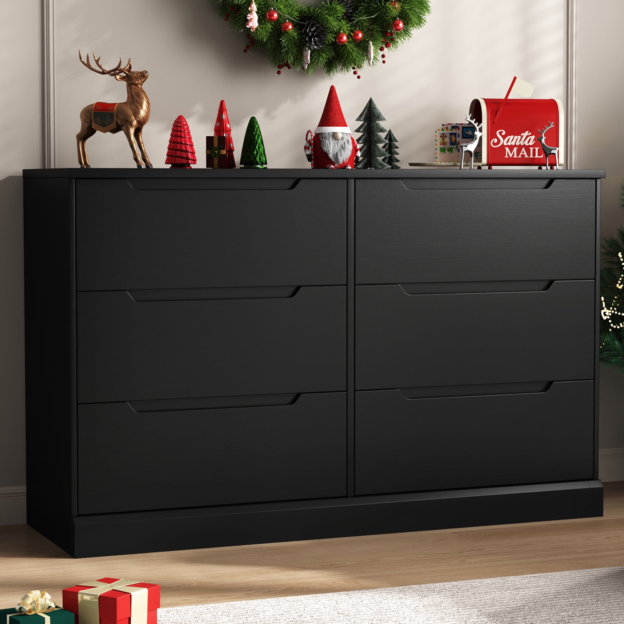 Black Dresser 6 Drawer Dresser for Bedroom, Modern Wooden Closet Dresser Living Room Hallway Entryway Cloakroom Dressing Room