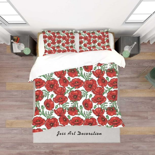 3D Blanco Rojo Floral Funda de edredón Set Ropa de cama Set Funda de edredón Fundas de almohada Sf117