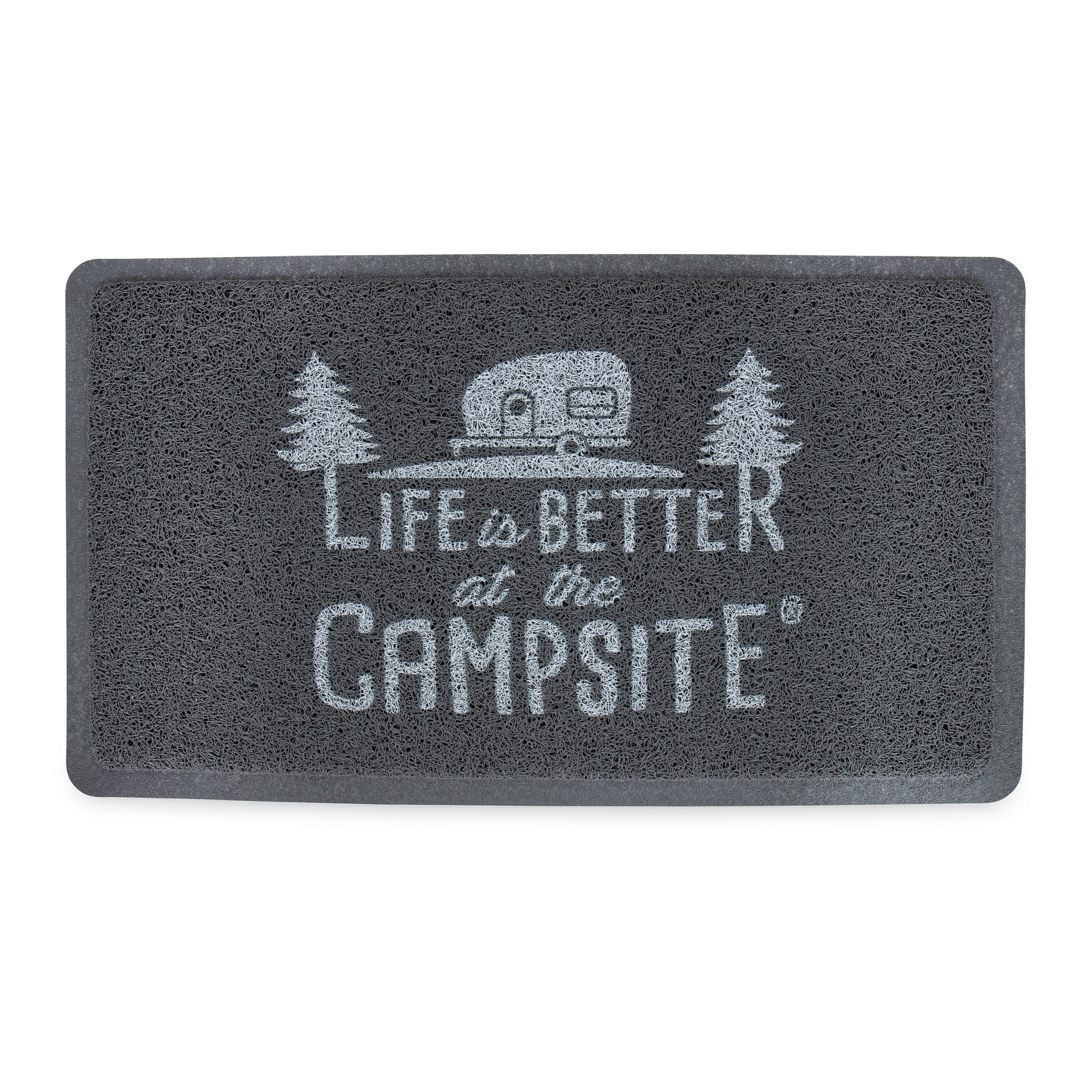 Camco Life is Better at the Campsite Camper Scrub Rug Door Mat, Looped PVC, Gray and White, 26.5 x 15 Inches