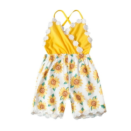 

Morttic Toddler Baby Girl Summer Clothes Sunflower Daisy Romper Strap Backless Lace Trim Bodysuit Outfit Jumpsuit 4-5T