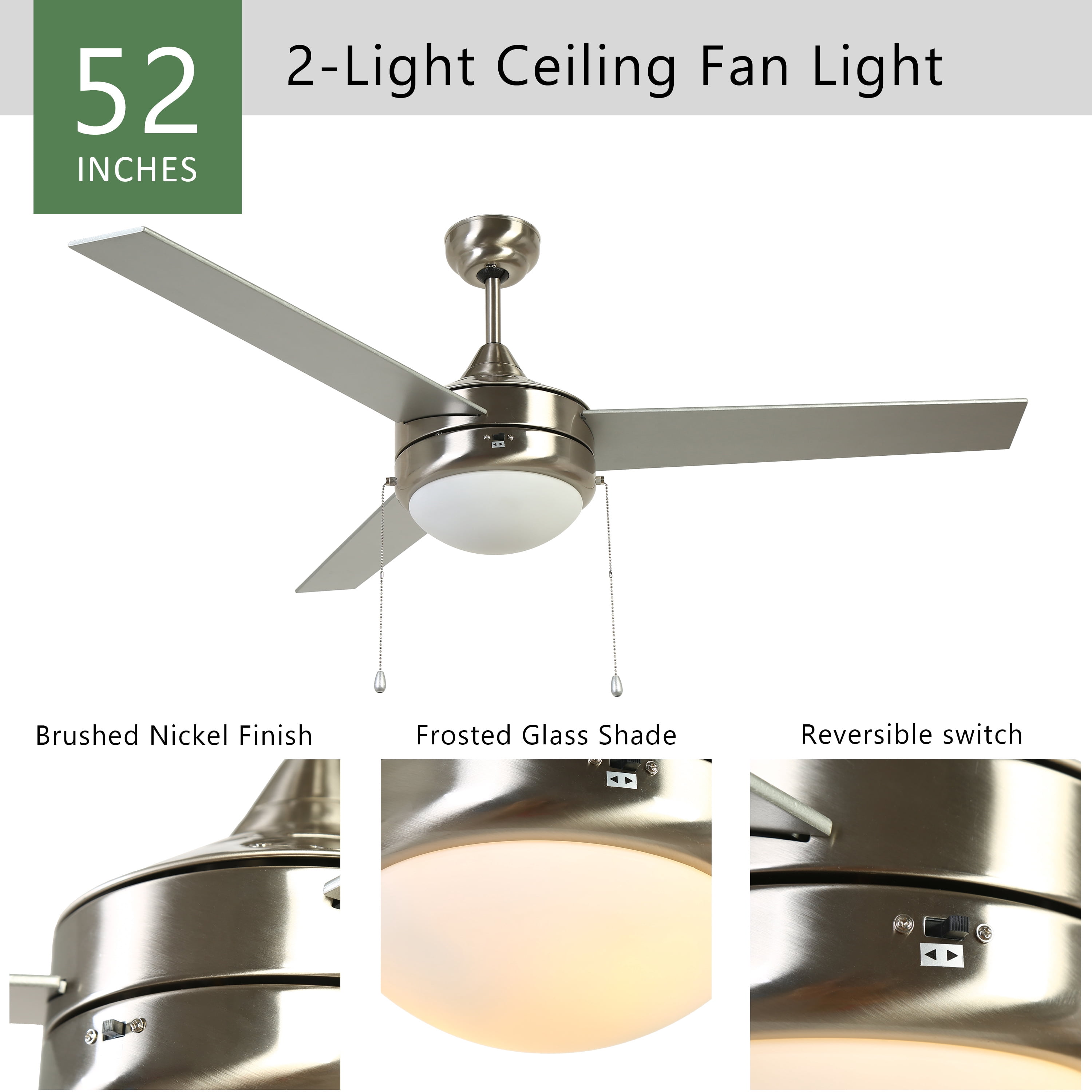 LNC 52 Inch Ceiling Fan,Brushed Nickel,3-Speed Pull Chain,2-Bulb E26 LED,Downrod Mount,Indoor,4600 CFM