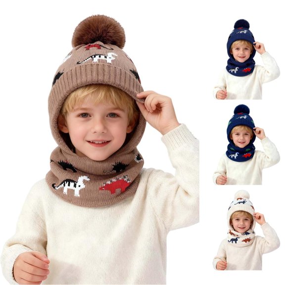 Oiyii Toddler Boys Playful Beanies Dinosaur‑Jacquard Bomber Hats, Khaki