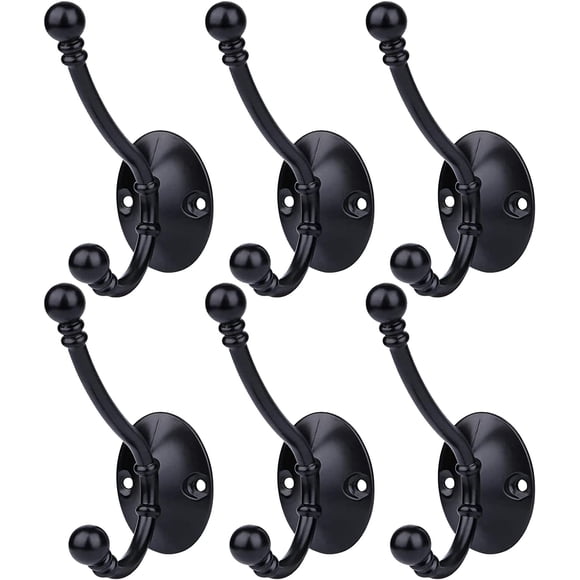BIGLUFU Coat Hooks,Wall-Mounted Heavy Duty Double Hooks, Coat Hanger Hooks for Coat, Scarf, Towel,Cap,Key,Bag, Cup, Hat (6 Pcs)