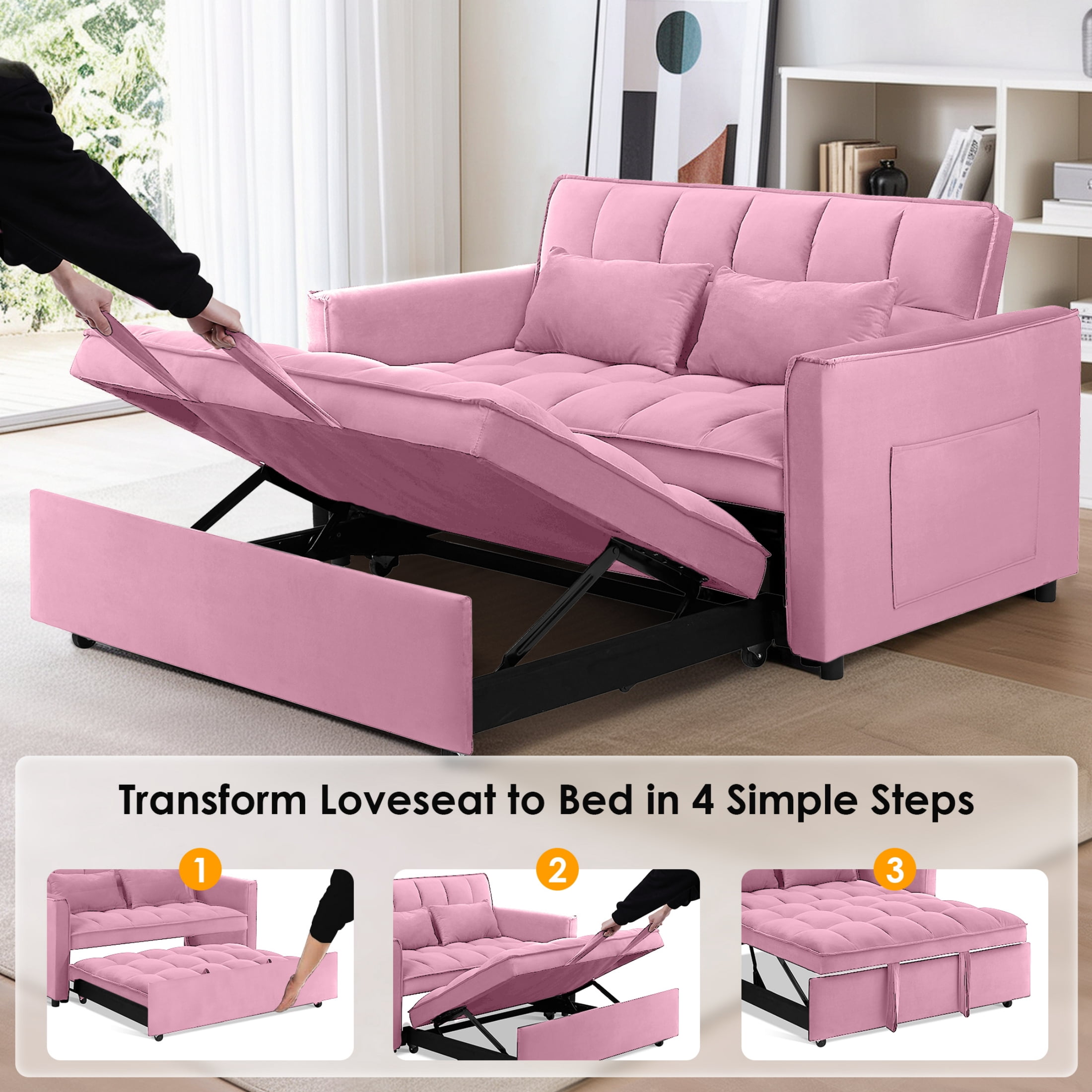 EPOWP Convertible Sofa Bed, 3 in 1 Pull Out Sleeper Loveseat Couch with Storage, Pink