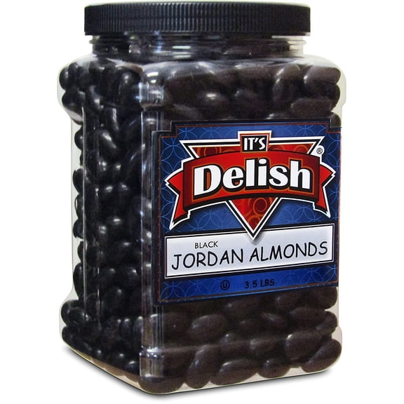 Black Jordan Almonds by Its Delish, 3.5 lbs Jumbo Container  Candied Almond Nut with Sweet Hard Candy Coating - Bulk Wedding Favors, Bridal and Baby Showers, Party Buffets - USA Made, Vegan & Kosher