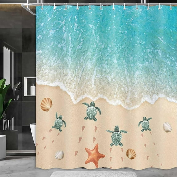 Beach Shower Curtain, Sea Turtle Starfish Ocean Shower Curtains for Bathroom, Tropical Seashell Blue Ocean Aesthetic Bathroom Decor with Hooks Set, 72X72in