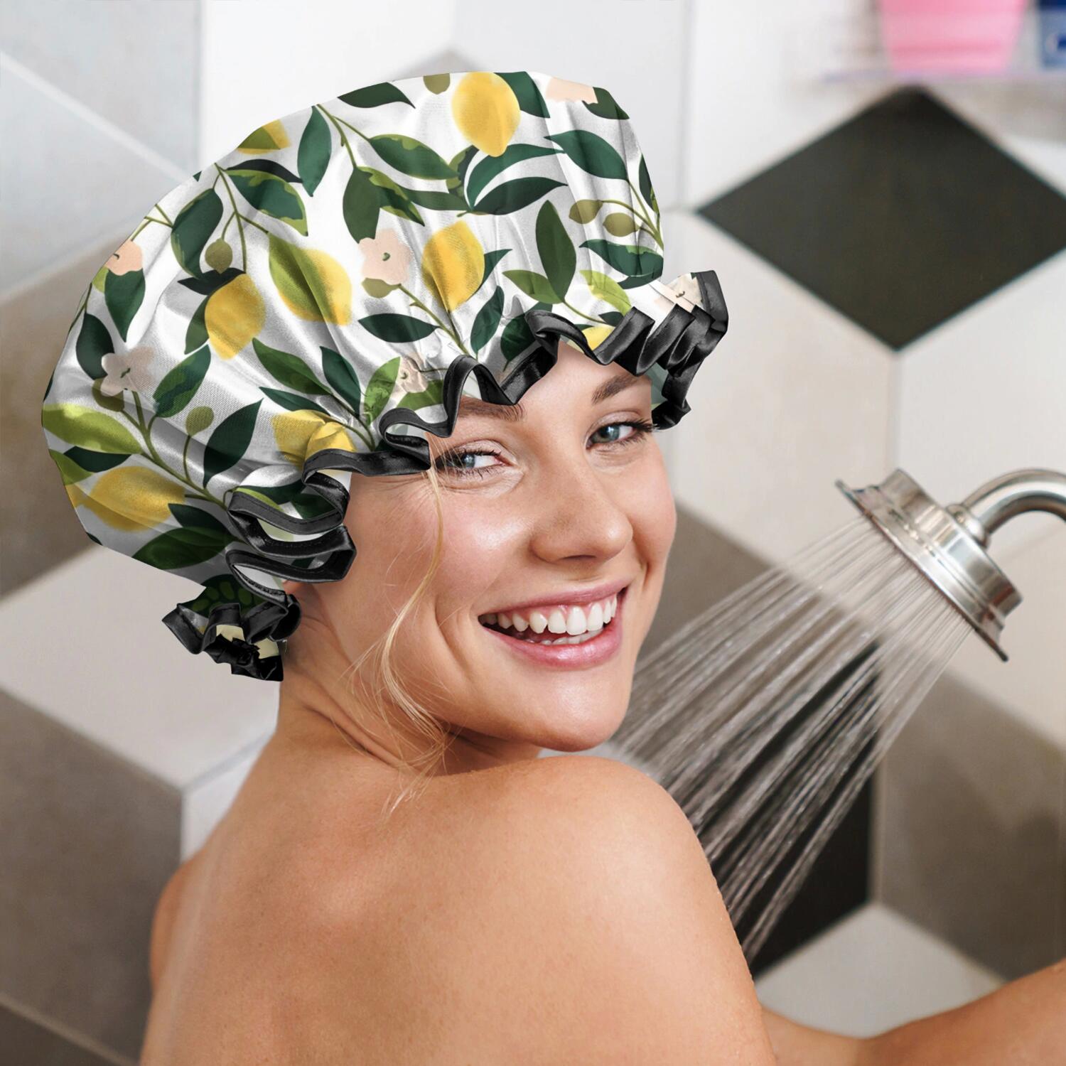 Shower Caps,Yellow Lemon Fruit Flowers White Pattern Waterproof Shower Cap for Women 4 Pieces,Double Reusable Hair Cover for Shower PEVA Elastic Stretch Hem