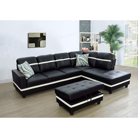 Ponliving Furniture Faux Leather 3 Piece Sectional Sofa Couch Set L-Shaped Modern Sofa with Chaise Storage Ottoman and Pillows for Living Room Furniture