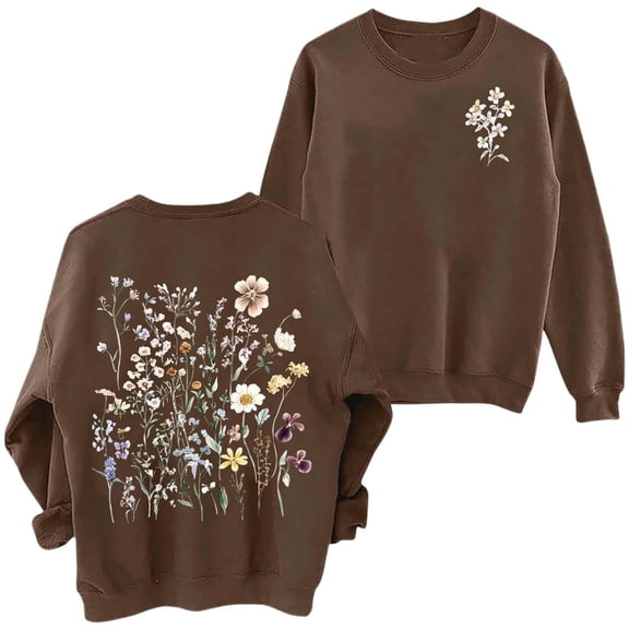 HJYCHN Sweatshirt for Women Floral Print Crewneck Long Sleeve Pullover Soft Casual Athletic Top for Everyday Feminine Wear Dressy Tops for Women Brown L
