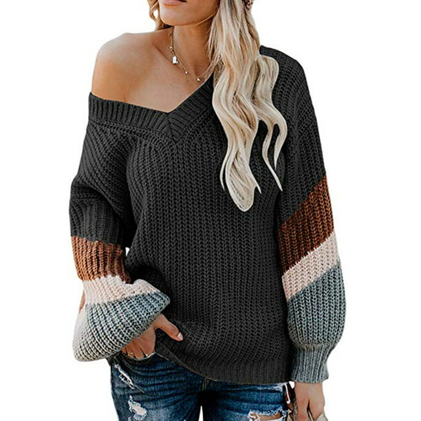 Avamo Women's Off Shoulder Patchwork Long Sleeve Oversized Pullover Sweater  Knit Jumper Loose Tunic Tops - Walmart.com