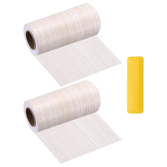 Uxcell 2pcs Wood Grain Repair Tape 5" x 16ft Self-Adhesive Repair Patch Realistic Wooden Floor Tapes with Plastic Scraper for Tables Doors Windows Furniture Chair, White Poplar