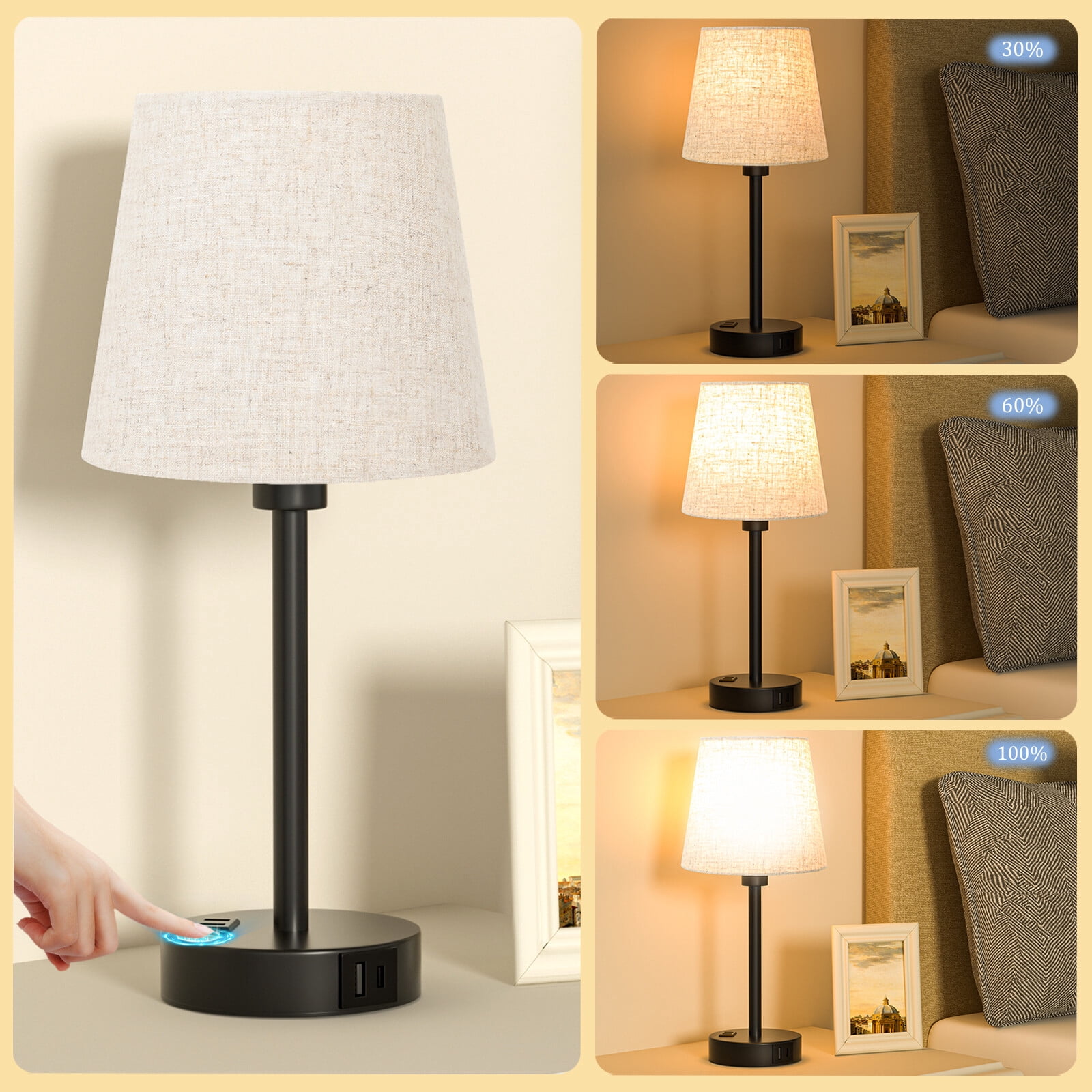 Set of 2 Modern Table Lamp Set with Touch Control, AC Outlet and USB A&C Ports for Bedroom, Livingroom