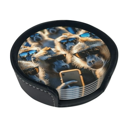 

Close-up of imal wearing glasses coasters PU leather bar beer drink coasters 6 sets with stand coasters Suitable for wooden tables