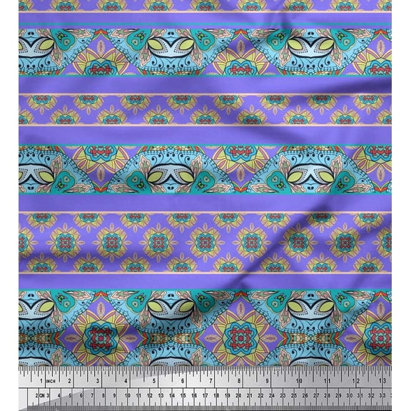 Soimoi Purple Silk Fabric Stripe,Insect & Floral Kaleidoscope Printed Fabric 1 Yard 42 Inch Wide