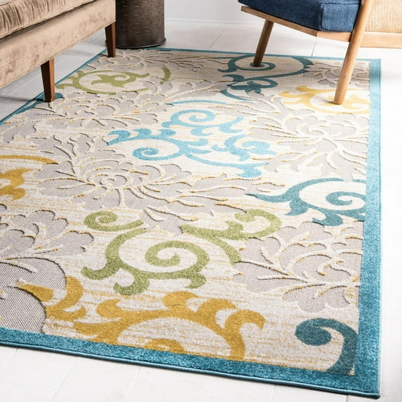 Unique Loom Outdoor Botanical Collection Area Rug - Savannah (9' x 12' Rectangle Blue/Cream)