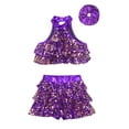 thumbnail image 3 of Doomiva Kids Girls Sequin Ballet Dance Crop Top with Skirt Scrunchies Set Jazz Latin Ballroom Performance Costume Purple 13-14, 3 of 5