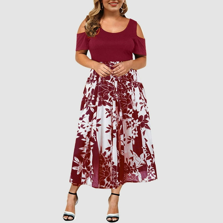 Abcnature Women's Summer Casual Loose Long Dress Plus Size Sexy O-Neck  Strapless Draw Back Lace Splicing Short Sleeve Dress Short Sleeve Maxi  Dresses with Pocket Wine XXL 