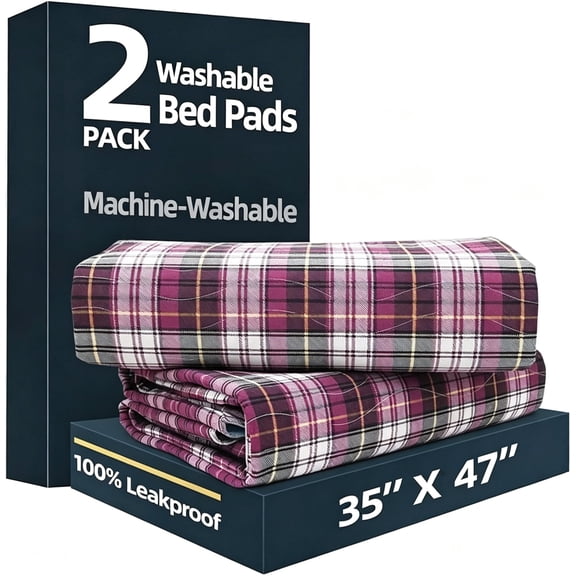 BUYHAO Washable Bed Pads 35"x47" (2 Pack) – Reusable Heavy Absorbency Incontinence Underpads for Adults, Elderly, Pets – Waterproof Bedwetting Protection for Beds, Sofas, and Nursing Care (Purple)