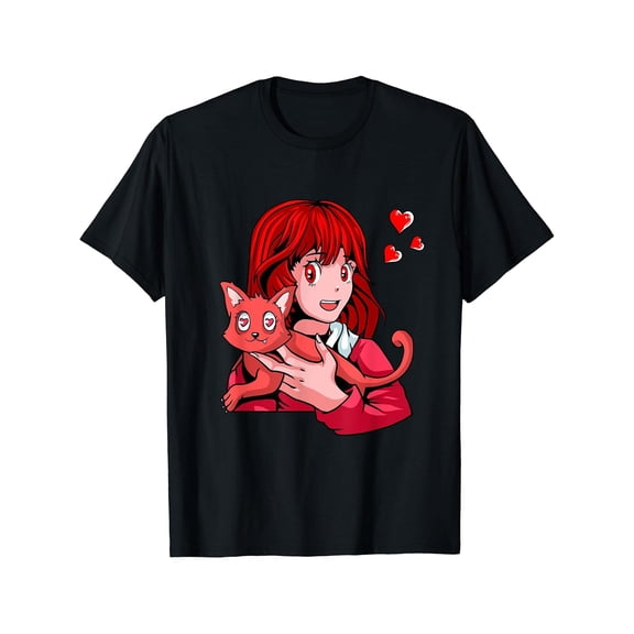 Men's Anime Girl & Cat Valentine's Day T-Shirt - Cute Kitten Love Otaku Design, 100% Cotton, Short Sleeve, Black, S-XXXL, Perfect Gift for Dad, Husband, Grandpa, Anime T Shirt