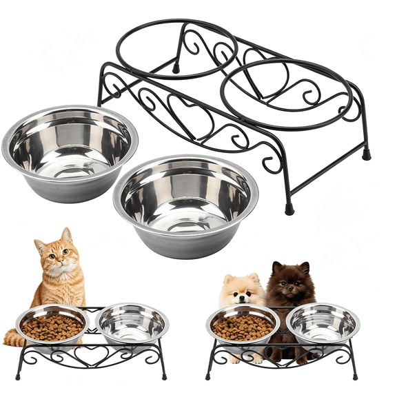 ACDANC Small Dog Bowls with Metal Stand for Small Breeds Cats and Puppies 3.4" Fixed Height Elevated Feeder with 2 Removable Stainless Steel Bowls Dog Bowl Set