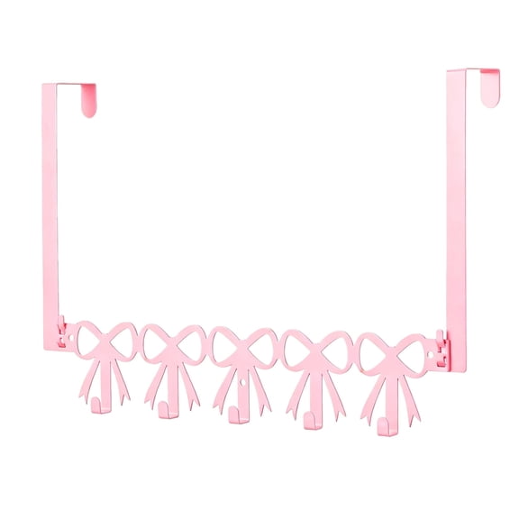Pink Bow Over The Door Hooks Hanger Wall Mount Towel Hanger Door Holder Organizer 5 Hooks Farmhouse Rustic Coquettish Style Decor for Bedroom Bathroom Towel Hat Clothes